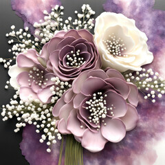 Close-up of mauve and ivory floral bouquet with gypsophila 
