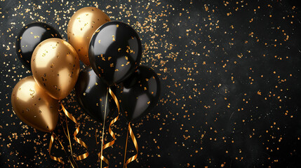 Golden balloons with confetti and ribbons on black background.	
