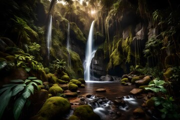a hidden waterfall cascading down rugged cliffs within an untouched African rainforest, surrounded...