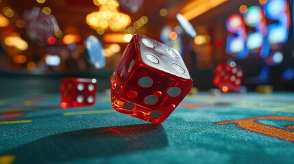 Casino dice in flight close-up