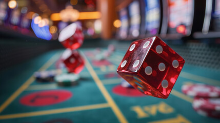 Casino dice in flight close-up