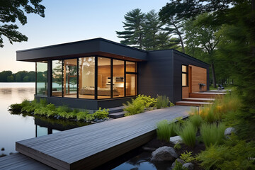 Large modern cottage with large windows, terrace, pond, landscape design, scandinavian style