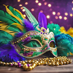 Fancy Mardi Gras sequin mask with gold necklace beads and feathers