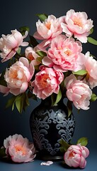 Iconic image of pastel peonies in a black vase with expressive details. Peonies wallpaper in a harmonious composition for a delicate environment.