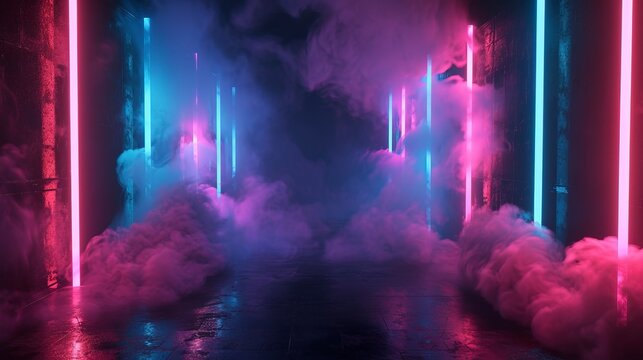 Futuristic abstract neon empty street background, neon light, smoke.