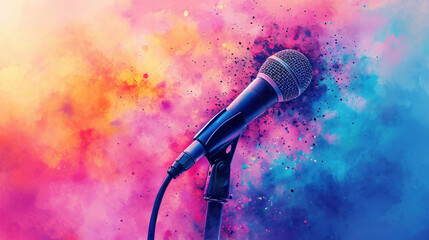 Microphone with vibrant color splash, perfect for street music festival promotions.