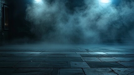 Dark empty foggy street, spotlight, neon, concrete.