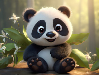 Mascot, cute realistic panda bear in jungle forest. Generative AI