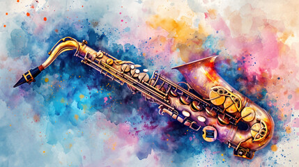 Saxophone in watercolor blend symbolizing jazz on the streets.
 - obrazy, fototapety, plakaty