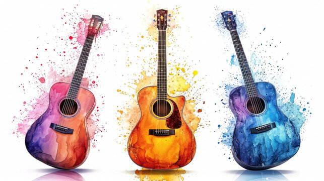 Watercolor guitars representing the soul of street music festivals.
