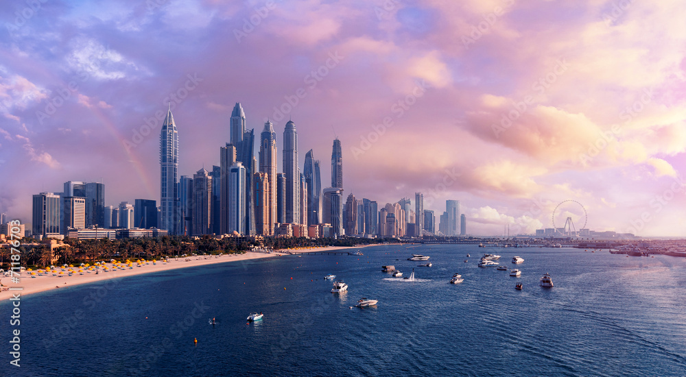 Wall mural downtown of uae with modern futuristic skyscraper. aerial top view dubai, panoramic of marina and jb - Wall murals