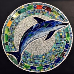 A mosaic of a jumping dolphin. 