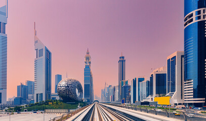 Dubai cityscape, modern metro railway with skyscrapers, sunset. Famous tourist landmark of city UAE. Metropolitan road and building architecture with urban background