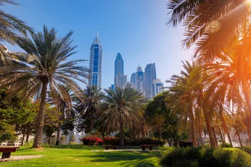 Papier Peint photo autocollant Dubai Cityscape of Dubai, summer park with skyscrapers, sunlight. Amazing view skyline. Concept travel tourism in UAE