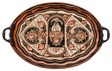 Isolated Traditional handcrafted copper tray. An ancient handicraft product produced in Turkey. Top view.