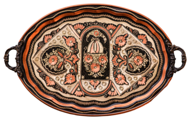 Isolated Traditional handcrafted copper tray. An ancient handicraft product produced in Turkey. Top view.
