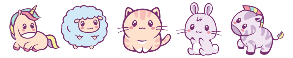 Kawaii cute animals set. Cheerful cartoon cat and hare with happy lamb and unicorn for kids vector design © Богдан Скрипник