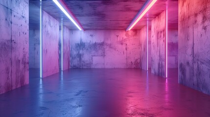 Empty concrete underground futuristic tunnel, neon light, garage.