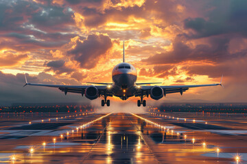 a passenger plane takes off at sunset Ai generative - obrazy, fototapety, plakaty