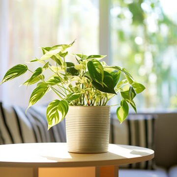 A Potted Plant Sits on a Table by a Window