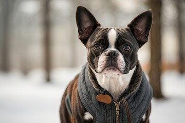 Perro, boston terrier, vestido con chaqueta, mirando a cámara, en un paisaje nevado - obrazy, fototapety, plakaty