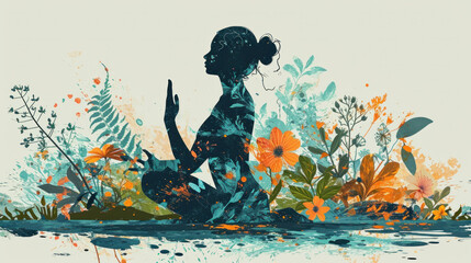 Silhouette of a woman in yoga pose with floral elements, wellness concept.