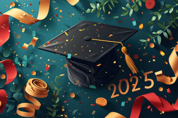 Celebratory 2025 graduation cap with festive decorations, success. 
