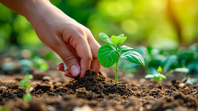 Close up of woman's hand planting seedlings in the ground, selective focus. 