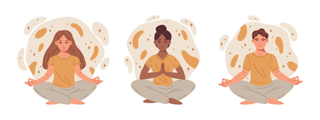 People in yoga pose. Man and woman meditating in yoga lotus pose, relaxation, calm and tranquility flat vector illustration. Meditating characters