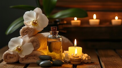Fototapeta na wymiar Dark background spa procedures, massage. Orchid, candle and oil on a wooden tabletop