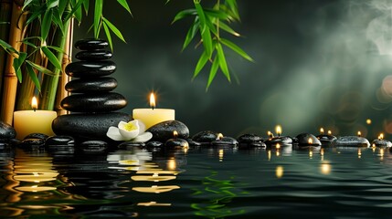 Dark background spa procedures, massage. Orchid, candle and oil on a wooden tabletop