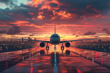 a passenger plane takes off at sunset Ai generative - obrazy, fototapety, plakaty