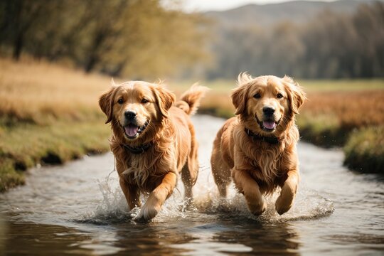 Perros golden retriever corriendo en un arroyo 