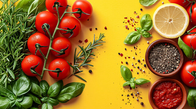 Tomatoes, basil, spices and herbs on yellow background, top view 