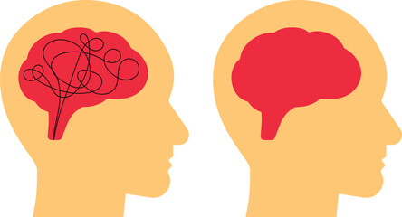 human head silhouette, brain illustration, neural network, complex vs. simple, cognitive comparison, orange background, red brain shapes, conceptual diagram illustration in vector