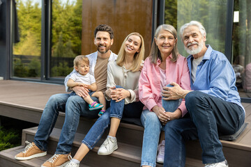Happy big family sitting on the steps of the house