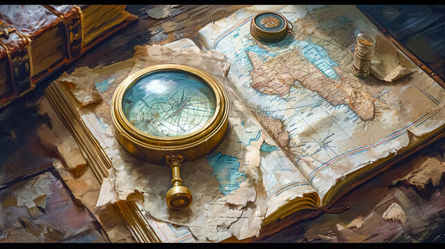 Vintage map and compass on the table. Travel and adventure concept. Astronomical clock in the center of the planet. Glowing globe, old map and old books on a dark background. 3D rendering