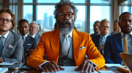 Portrait of senior African-American businessman in orange suit and eyeglasses sitting at table in modern office, looking at camera. - obrazy, fototapety, plakaty