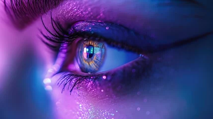 Foto op Aluminium Bright female eye close-up in ultraviolet neon glow, bokeh © Terablete