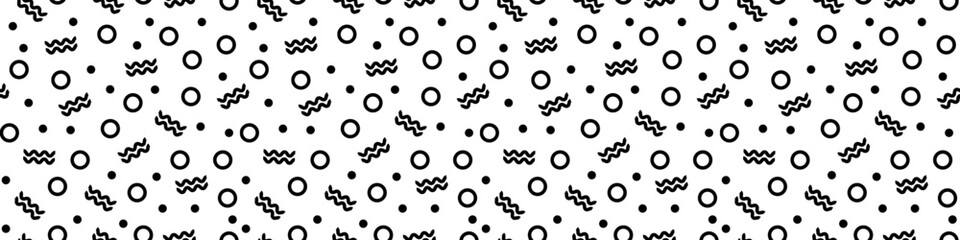 Geometric memphis wavy lines and circles seamless pattern. Black and white simple dots design with repeats in 90s graphic style with chaotic vector textures.