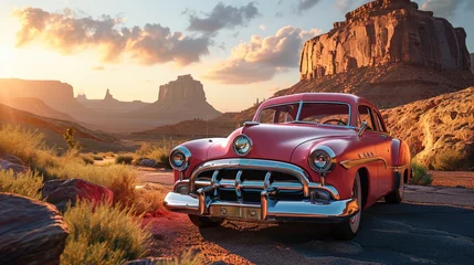 Zelfklevend Fotobehang Auto cartoon Pink classic American car with Grand canyon background, wallpaper