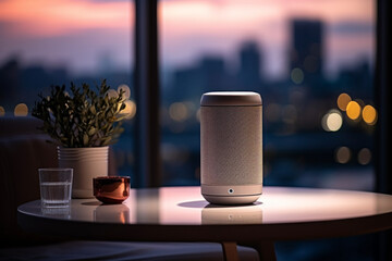 Smart speaker. Background with selective focus and copy space - obrazy, fototapety, plakaty