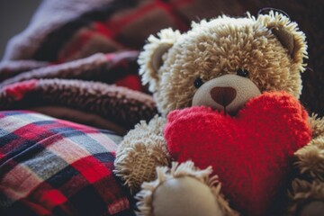 Teddy bear with a heart. Background with selective focus and copy space