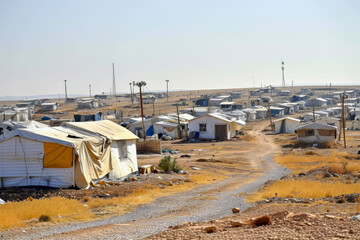 Refugee camp. Background with selective focus and copy space - obrazy, fototapety, plakaty