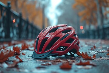 Bicycle helmet on the asphalt or sidewalk in the city. Background with selective focus and copy space