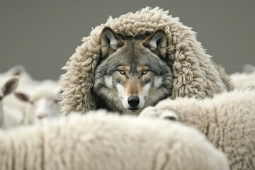 Wolf in sheep's clothing, abstract metaphor. Background with selective focus and copy space