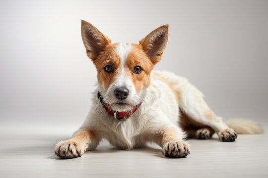 Perro fox terrier de pelo duro, echado, mirando a cámara, sobre fondo blanco