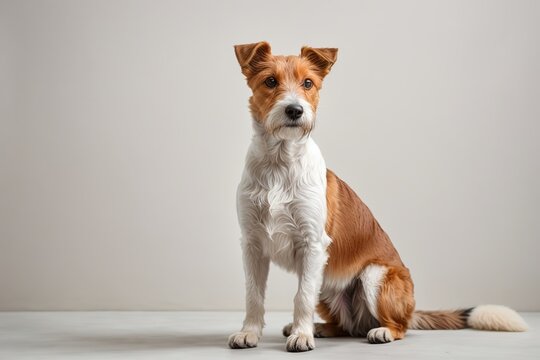 Perro fox terrier de pelo duro, sentado, sobre fondo blanco