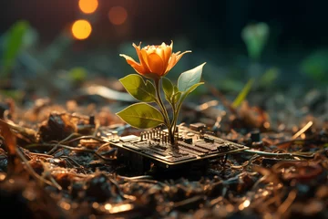 Fotobehang Jeune pousse de rose qui pousse dans des puces informatiques, ordinateur et concept de numérique responsable, vert, et croissance verte © Leopoldine