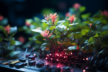 Jeunes pousses de fleurs qui poussent dans des puces informatiques, ordinateur et concept de numérique responsable vert et croissance verte - obrazy, fototapety, plakaty